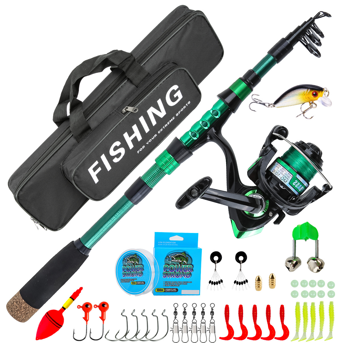 Conventional Reel - 1,8 Meter Grüne Carbon-Teleskop-Angelrute Combo All-in-One
